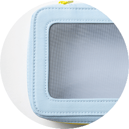 Top view of pale blue vanity case with see-through window